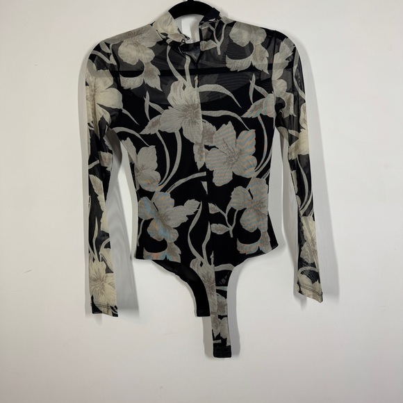 All Saints Floral Sheer Mesh Bodysuit Black Beige Size 2 Long Sleeve Top - Picture 9 of 16